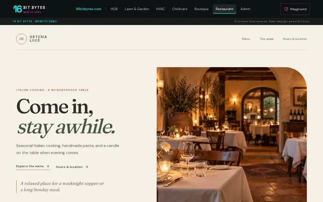 Screenshot of the fictional Italian Restaurant demo site