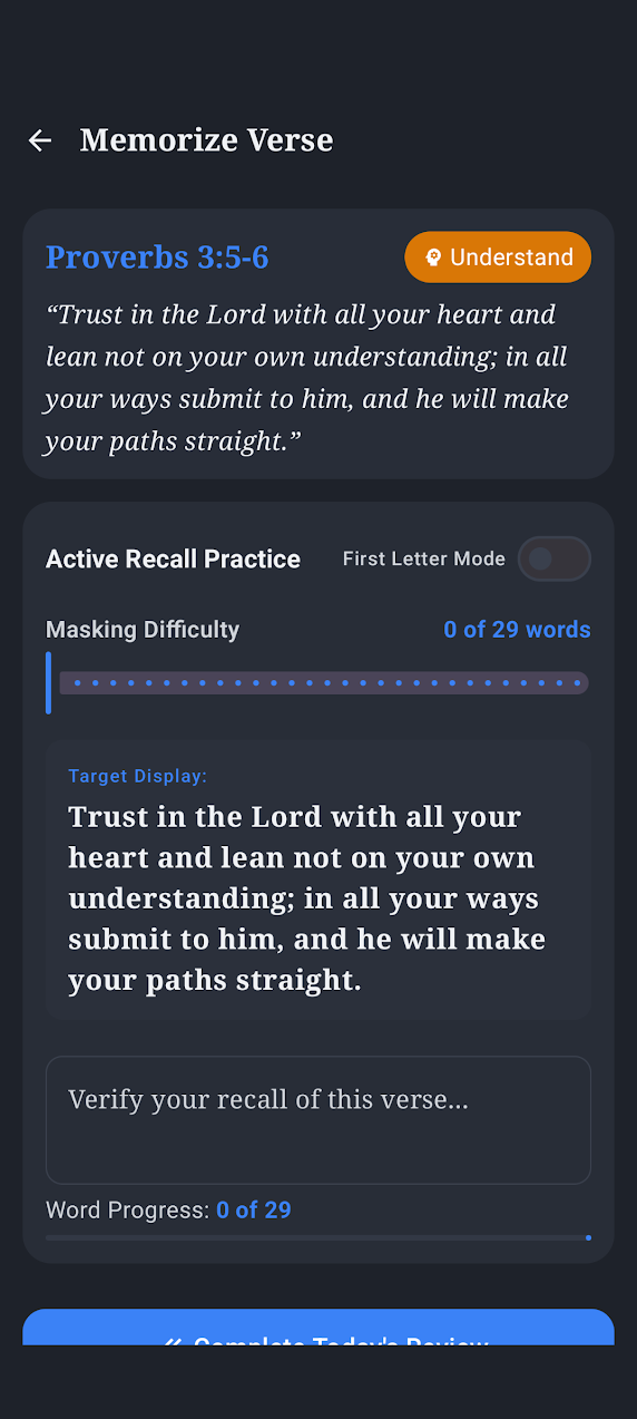 Biblical Insights Memorize Verse screen with active recall practice