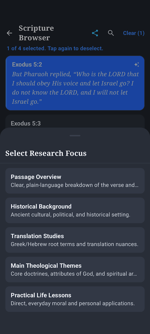 Biblical Insights Select Research Focus screen showing passage overview, historical background, translation studies, theological themes, and practical life lessons