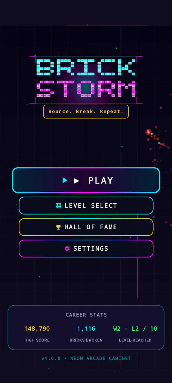 BrickStorm main menu with Play, Level Select, Hall of Fame, Settings, and career statistics