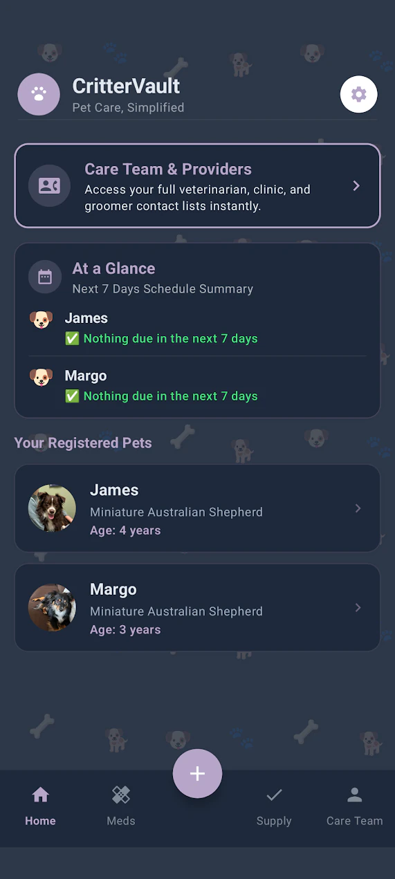 CritterVault home dashboard showing care status and profiles for James and Margo