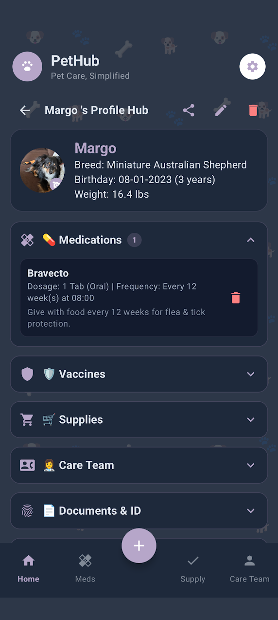 Margo's CritterVault profile with expanded medication details