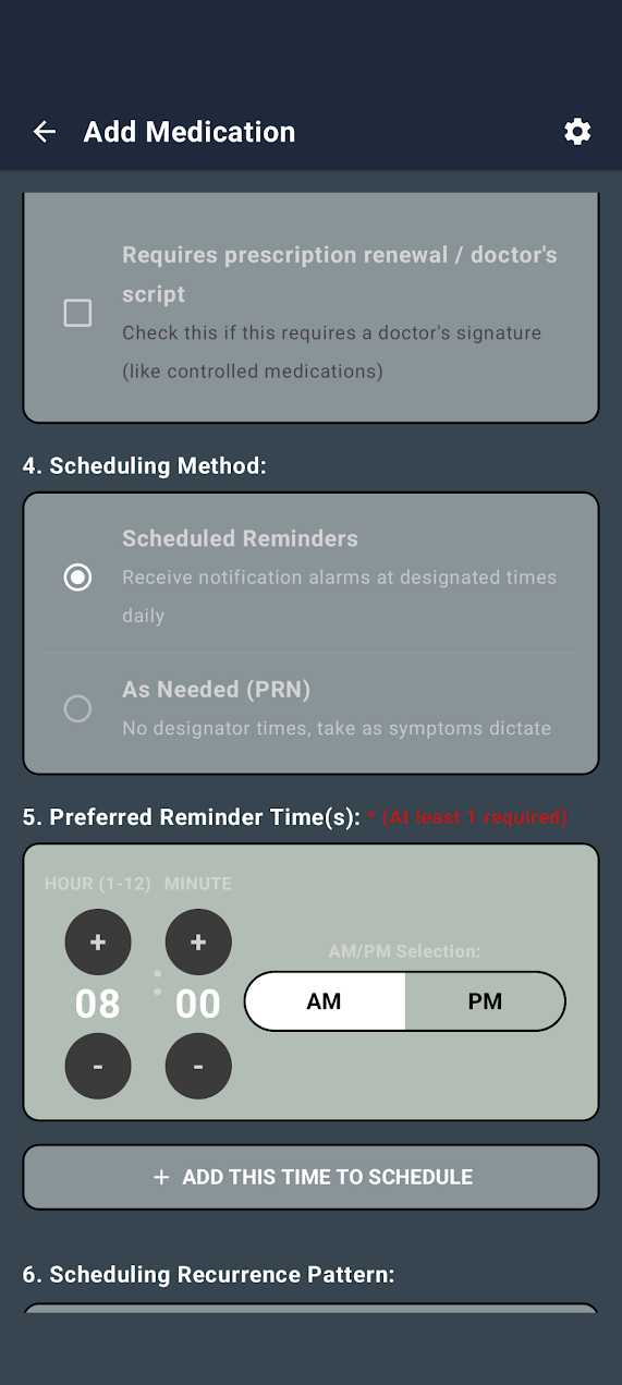 DailyDose Add Medication form showing scheduled versus PRN choices and a preferred reminder time