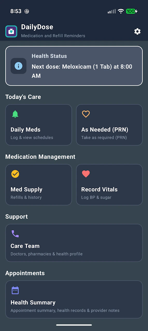 DailyDose home screen with medication and health organization tools