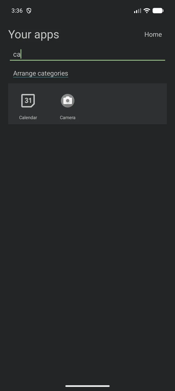 Graphite Flat app drawer searching for “ca”, showing Calendar and Camera