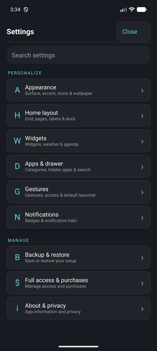 Graphite Flat Settings: Appearance, Home layout, Widgets, Apps and drawer, Gestures, Notifications, Backup and restore, and About and privacy