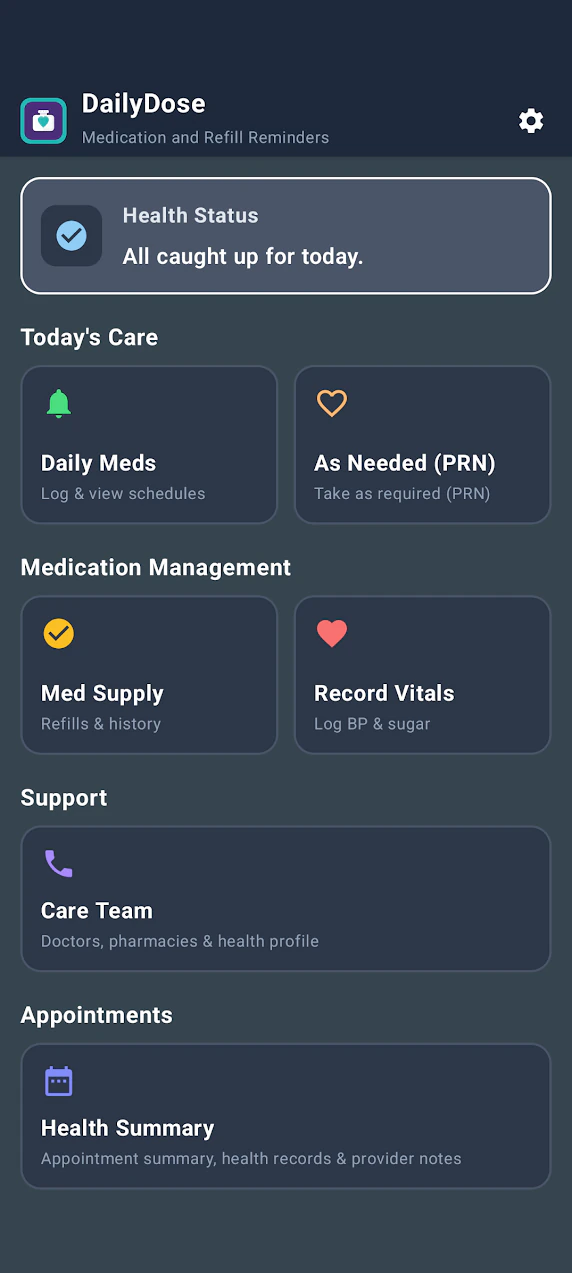 DailyDose medication and refill reminders dashboard