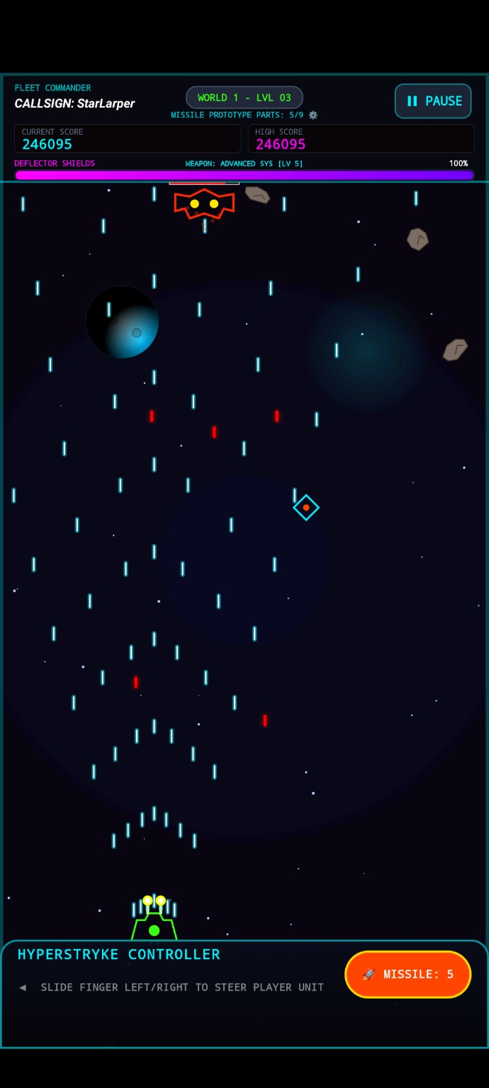 HyperStryke combat with dense laser patterns and a hostile ship