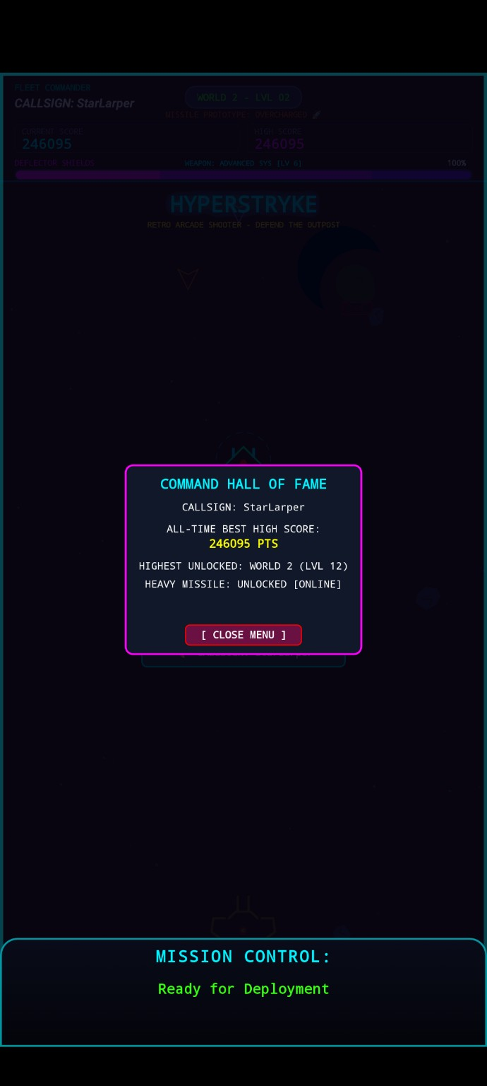 HyperStryke Hall of Fame with local score and campaign progress