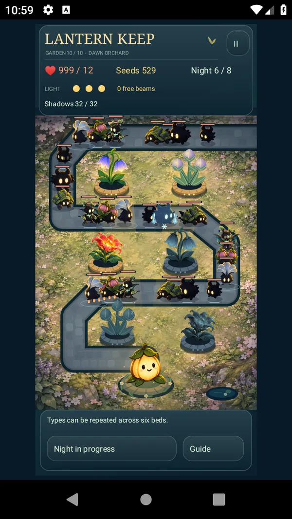 Lantern Keep combat in a later garden, with defenders firing at enemies on the path
