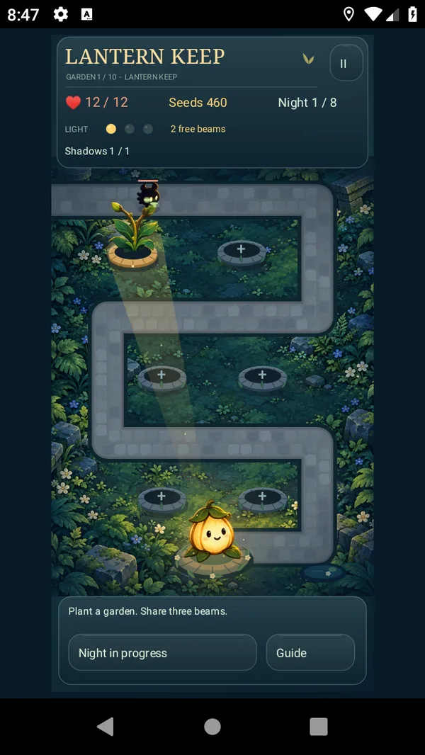 Lantern Keep gameplay: defenders planted along a winding garden path at night