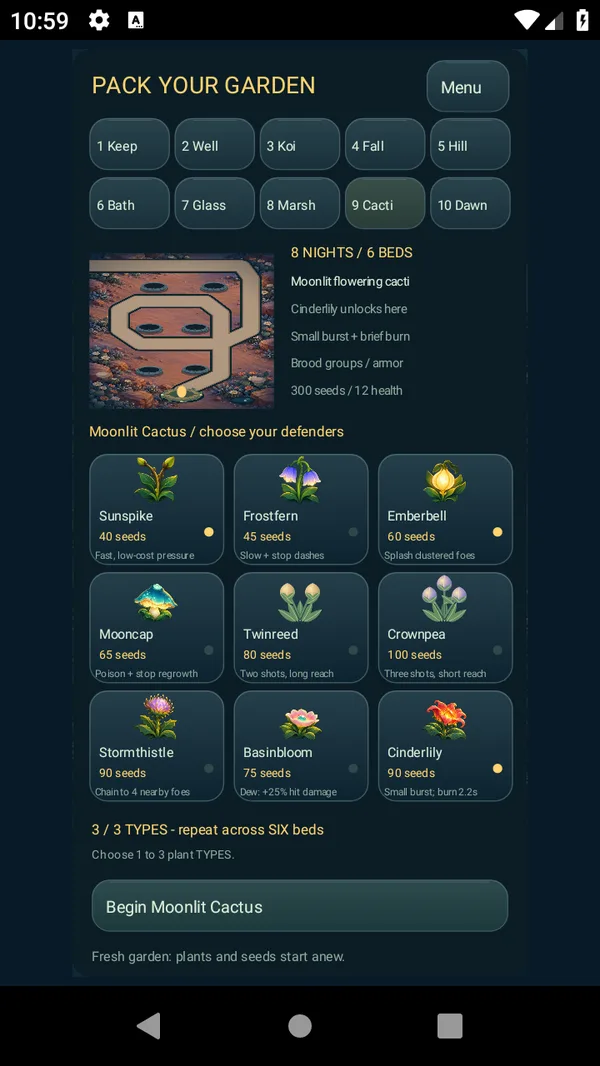 Lantern Keep Pack Your Garden screen: choosing a garden and up to three defender types
