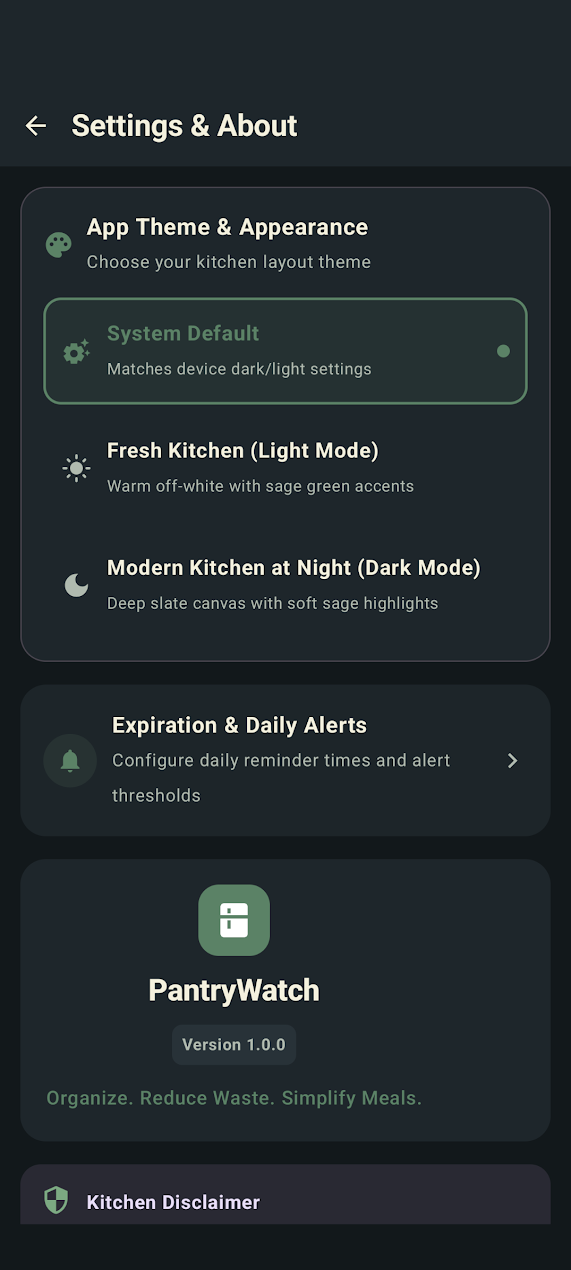 PantryWatch Settings and About screen with theme, alerts, and product information